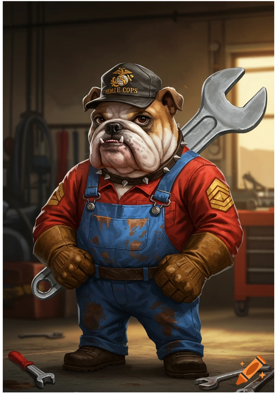 A bulldog dressed as a mechanic holding a large wrench in a workshop.