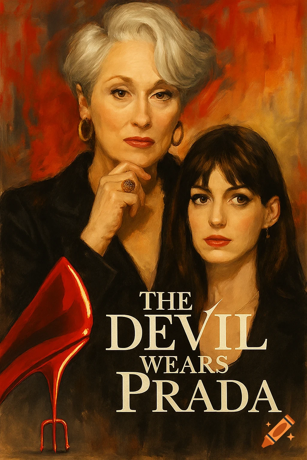 Image resembling The Devil Wears Prada movie poster with two women and title text.