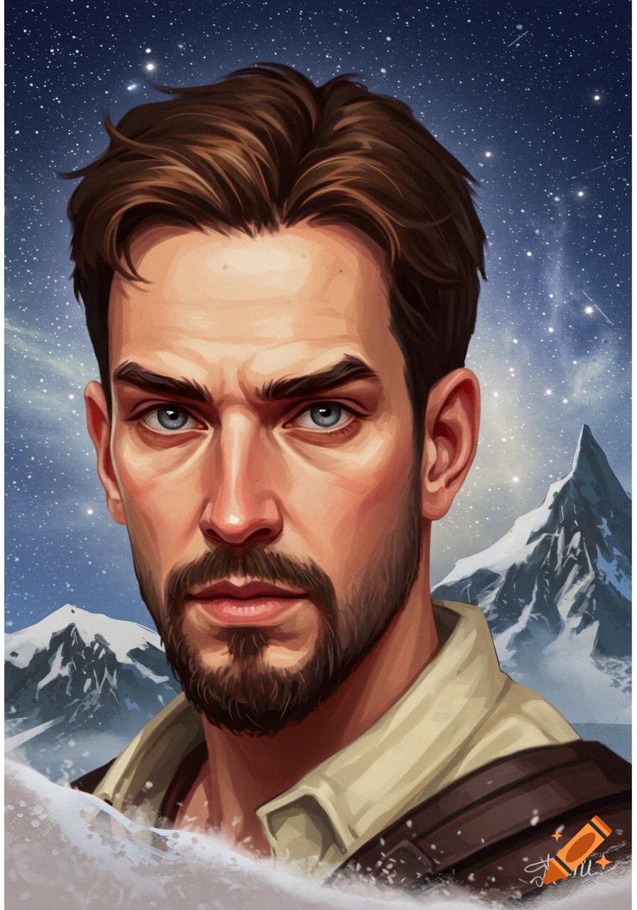 A bearded man with blue eyes is shown in front of snowy mountains and a starry night sky.