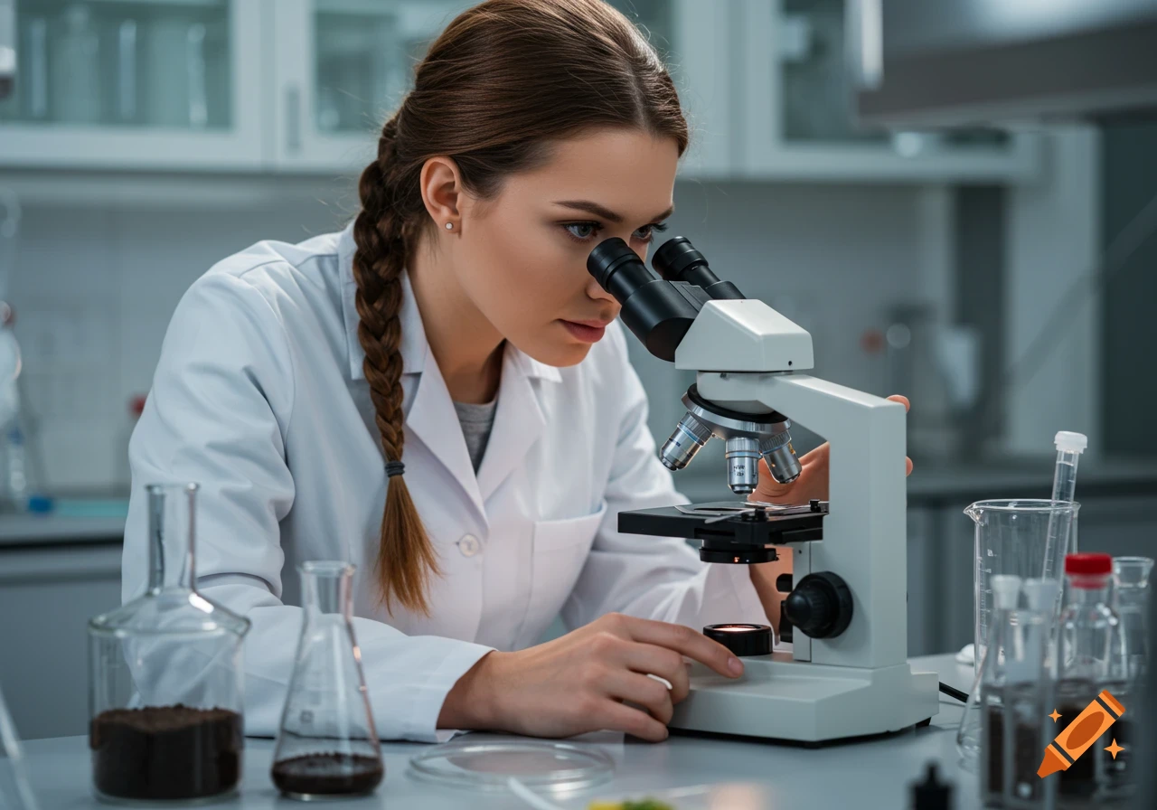 A female researcher in a lab coat uses a microscope.