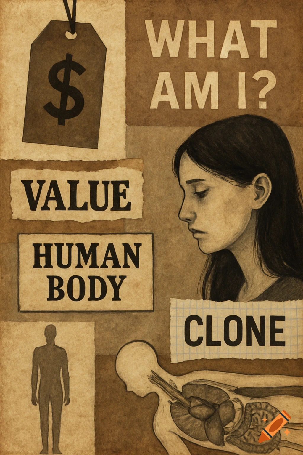 Sepia collage with text 'WHAT AM I? VALUE HUMAN BODY CLONE', dollar sign, woman's face, silhouette, and anatomy diagram.