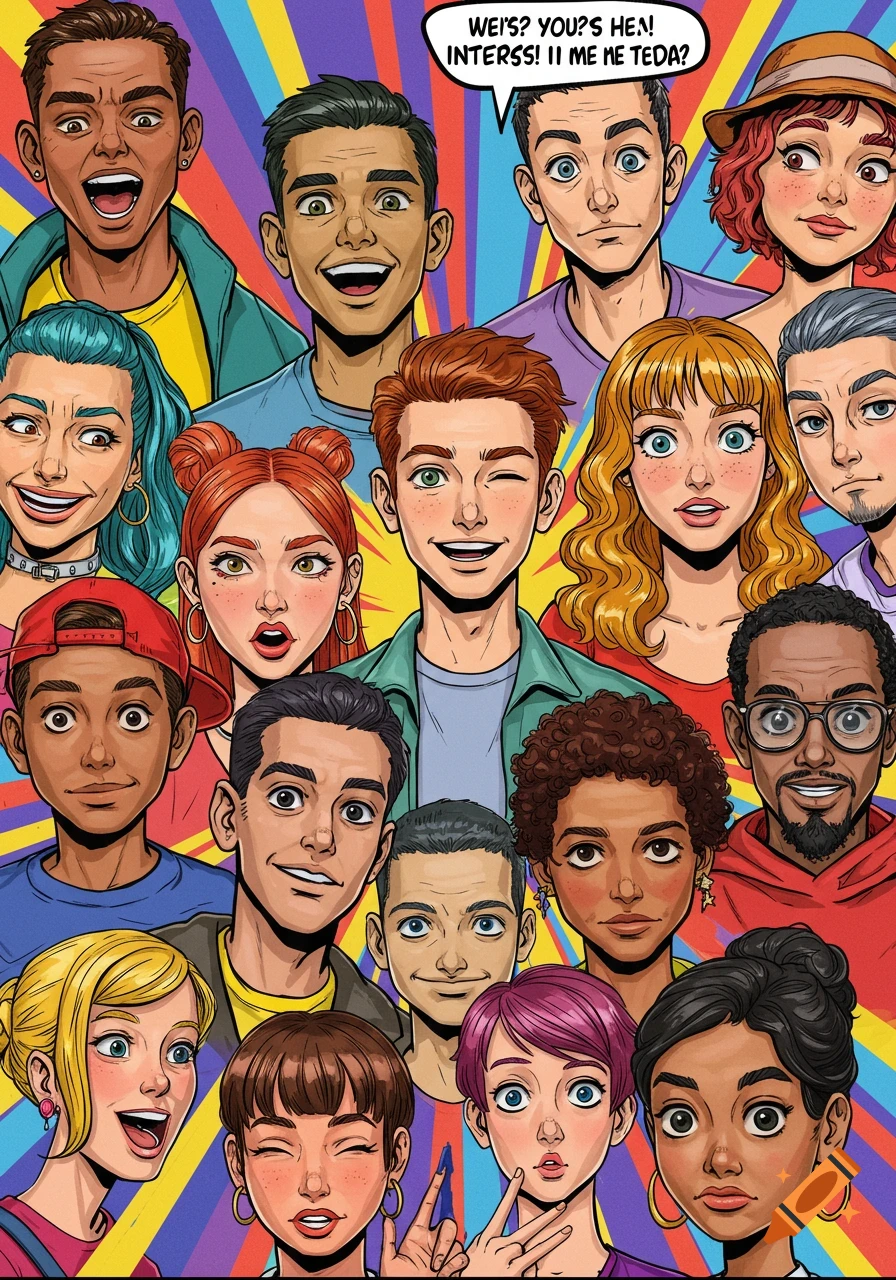 A group of diverse cartoon faces in a comic book or pop art style.