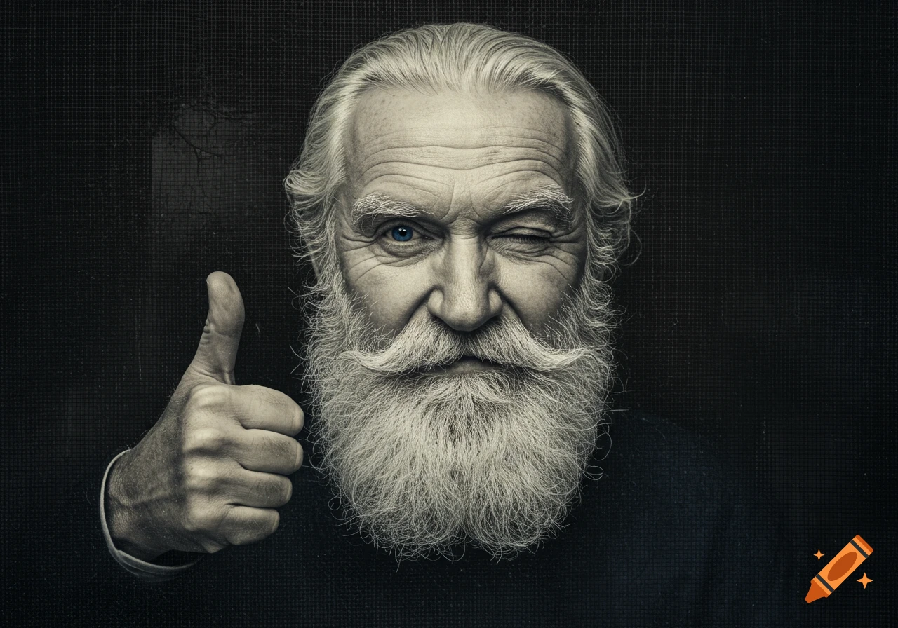 Black and white portrait of a winking old man with a white beard giving a thumbs up through a grid texture.
