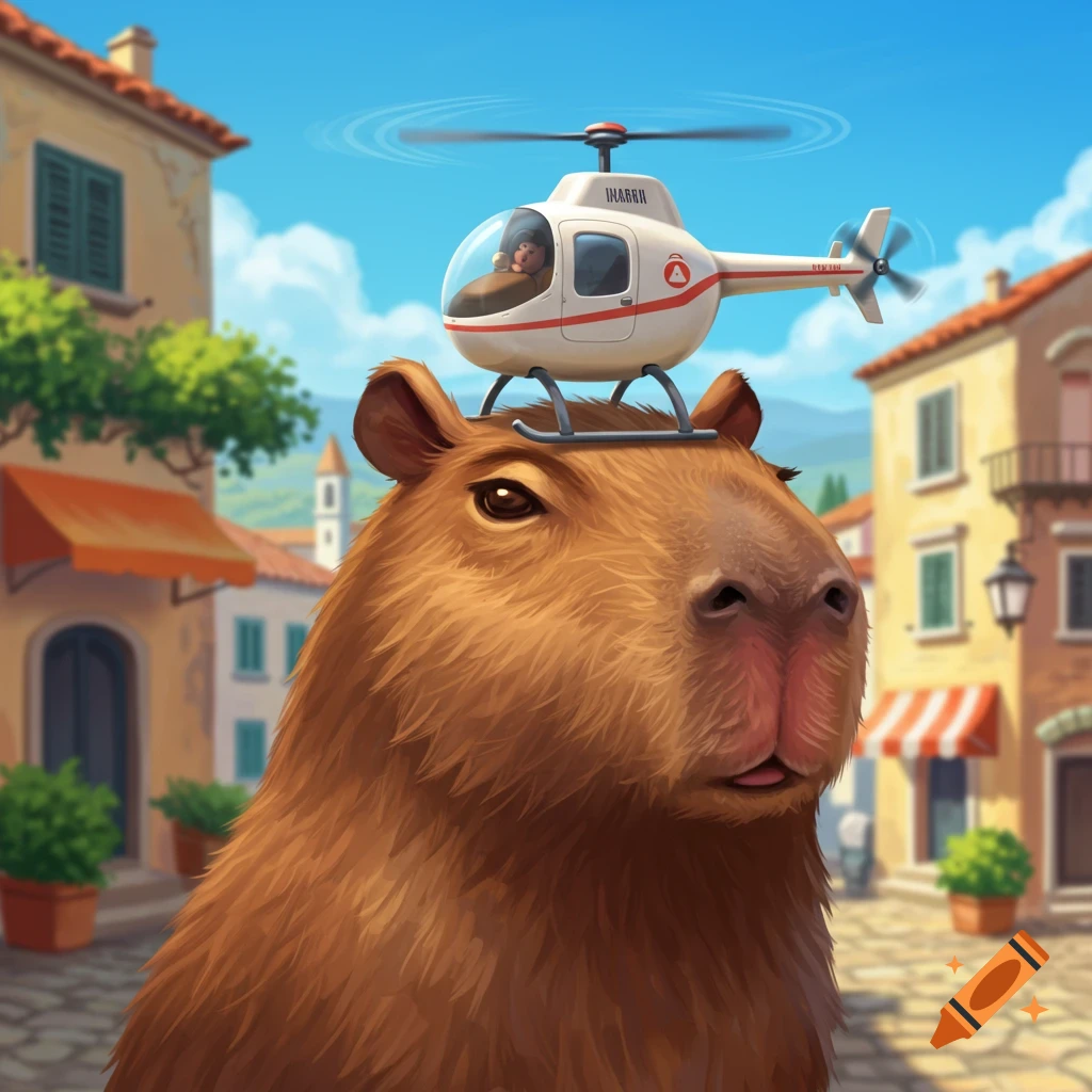 A large capybara wearing a small helicopter hat in an Italian town square.
