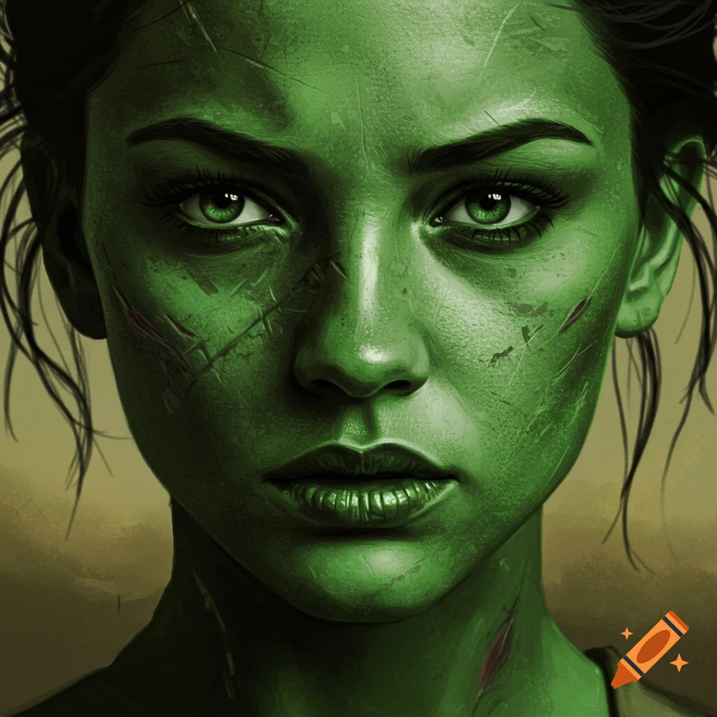 Close-up portrait of a woman with green skin and scars.