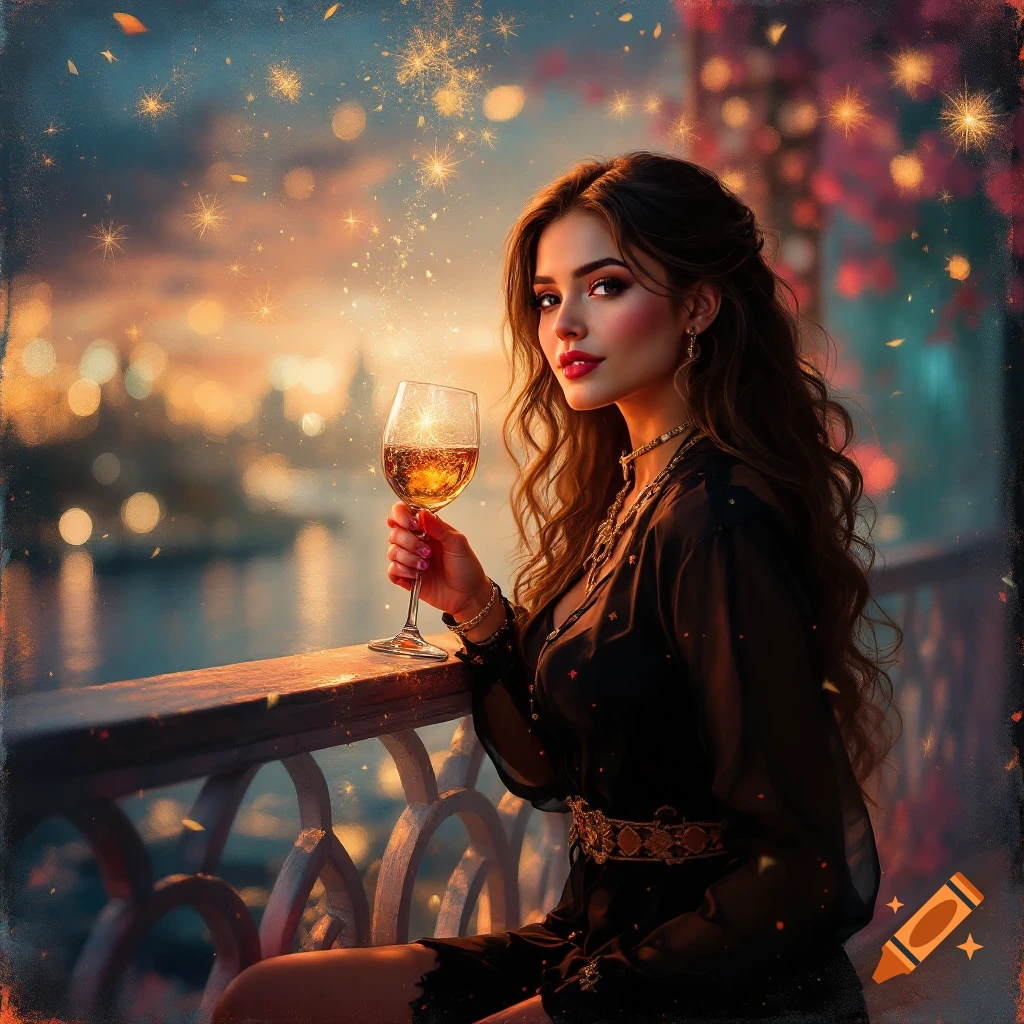 A woman holding a wine glass on a balcony at sunset with city lights and sparks.