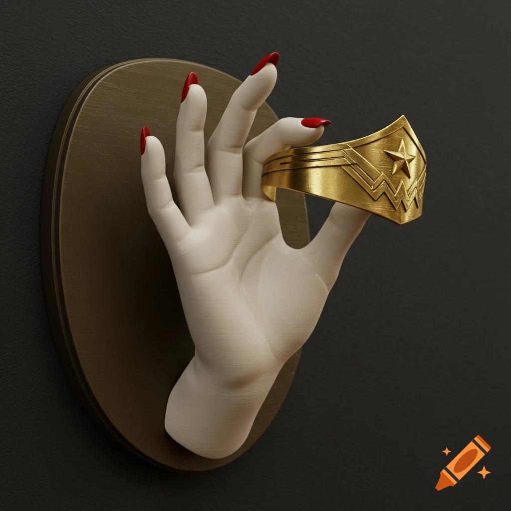 3D printed hand sculpture on a plaque holding a golden Wonder Woman bracelet, rendered realistically.