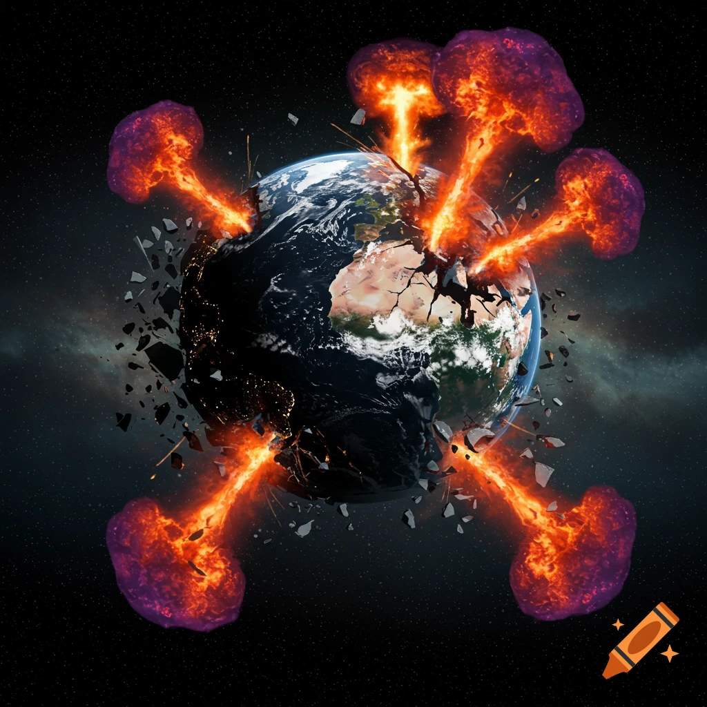Earth cracking apart in space with multiple explosions emanating from it.