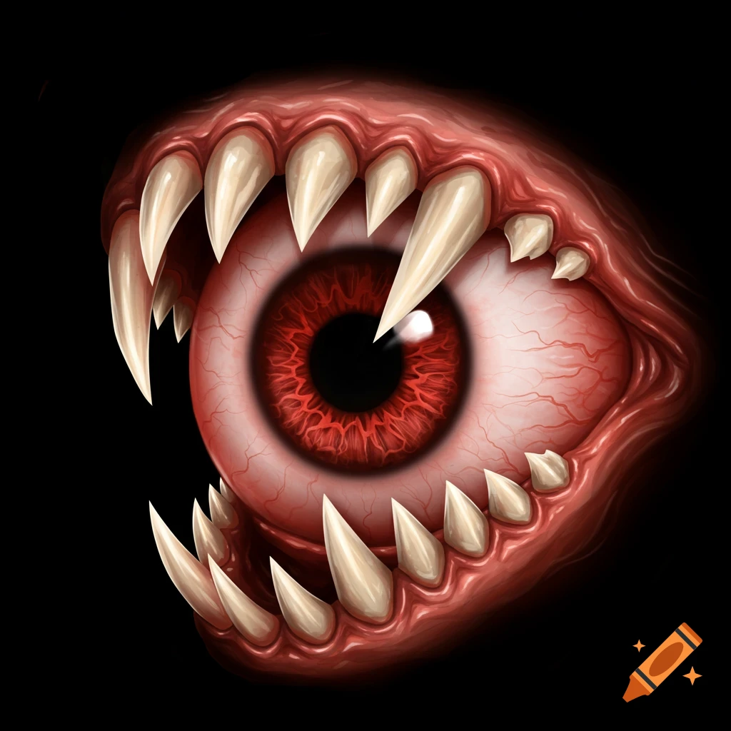 A detailed red eyeball surrounded by fleshy gums and sharp teeth against a black background.