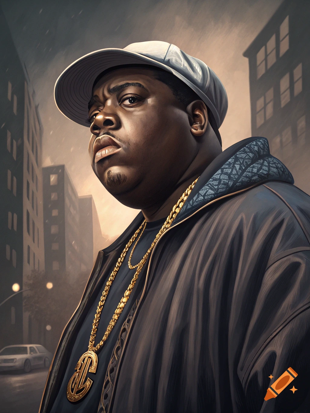 Portrait of a man in a cap and gold chains with a city background, painted style.
