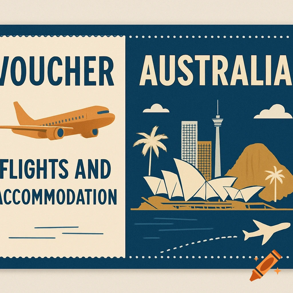 Vintage style travel voucher poster for Australia with Sydney Opera House, Tower, airplane, and text.