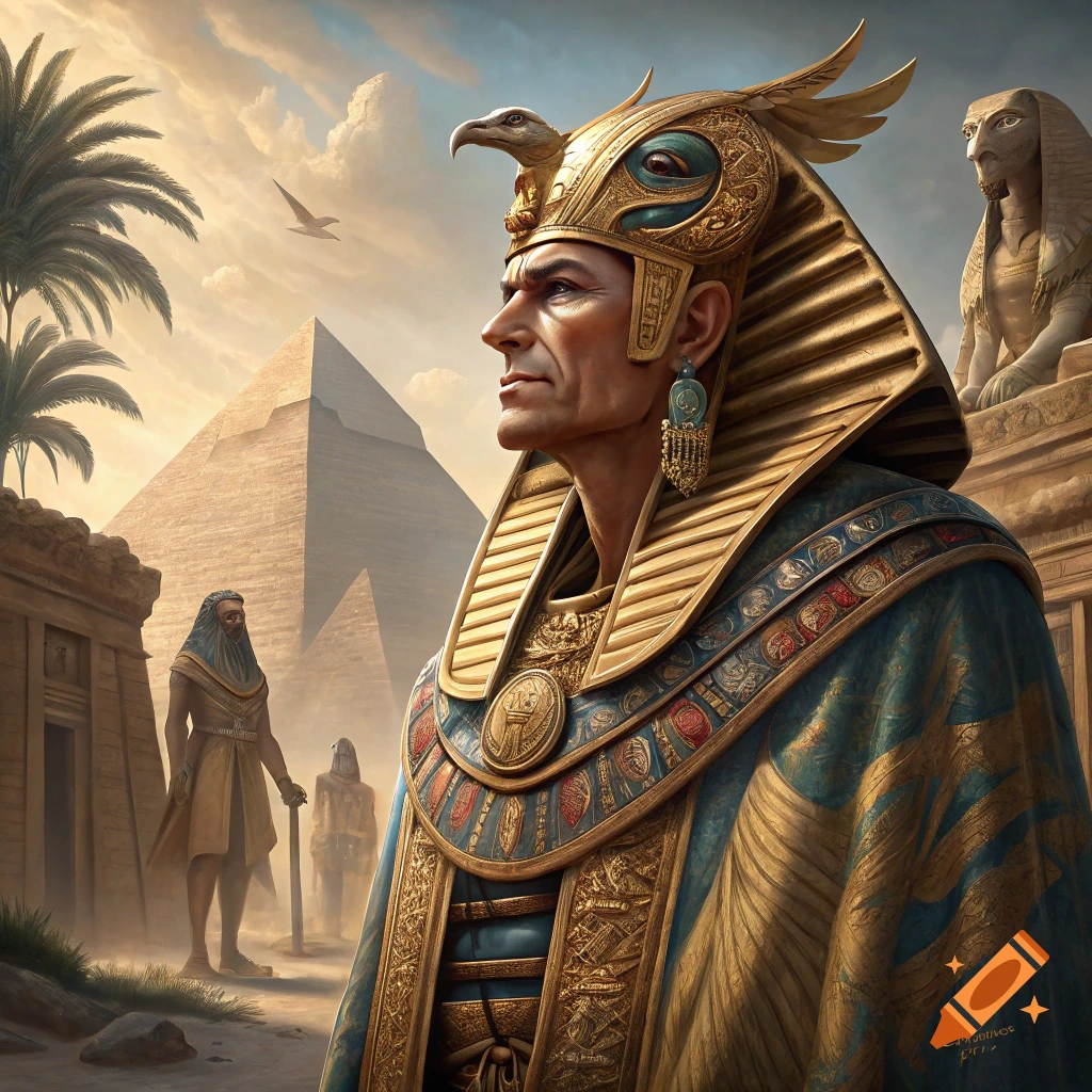 A figure dressed as a pharaoh stands before a pyramid and sphinx.