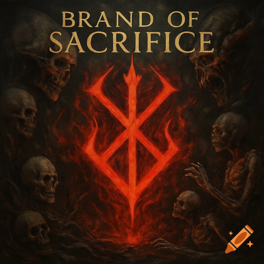 A dark fantasy painting featuring a large red Brand of Sacrifice symbol surrounded by skulls and skeletal figures, with the text "BRAND OF SACRIFICE" above.