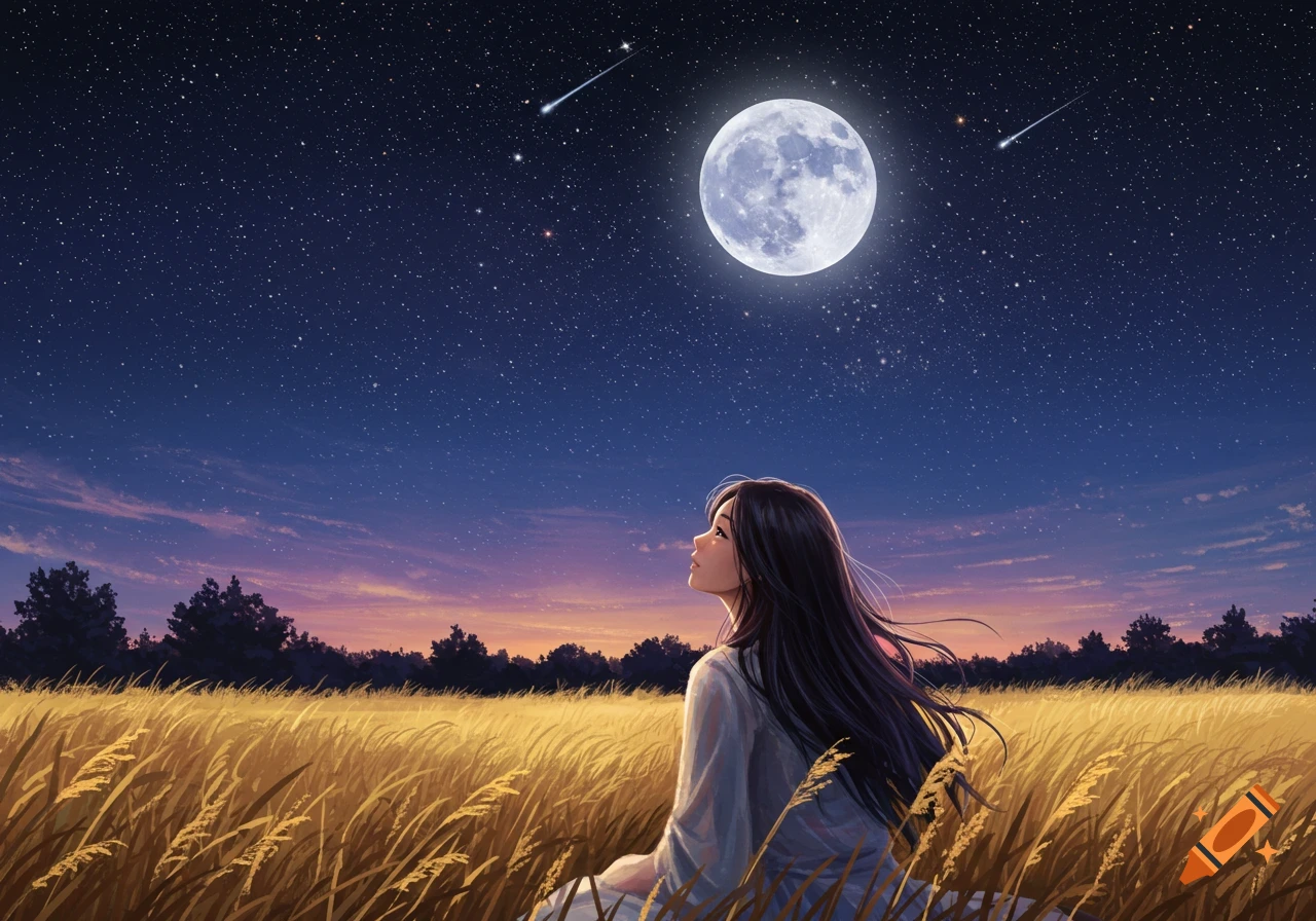 A woman looking at the moon and stars in a field at night