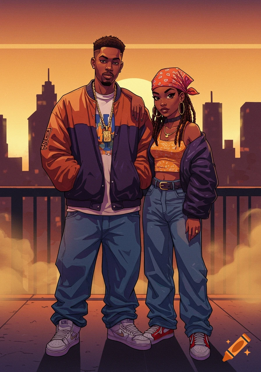 A Black couple in 90s hip-hop fashion stands on a rooftop with a city skyline at sunset.