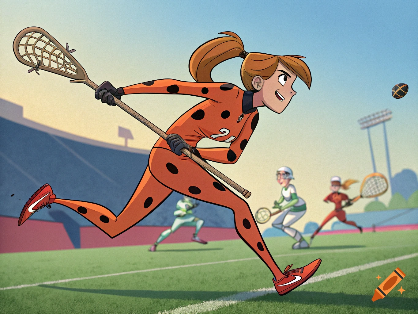 Cartoon character in orange spotted suit plays lacrosse in a stadium.