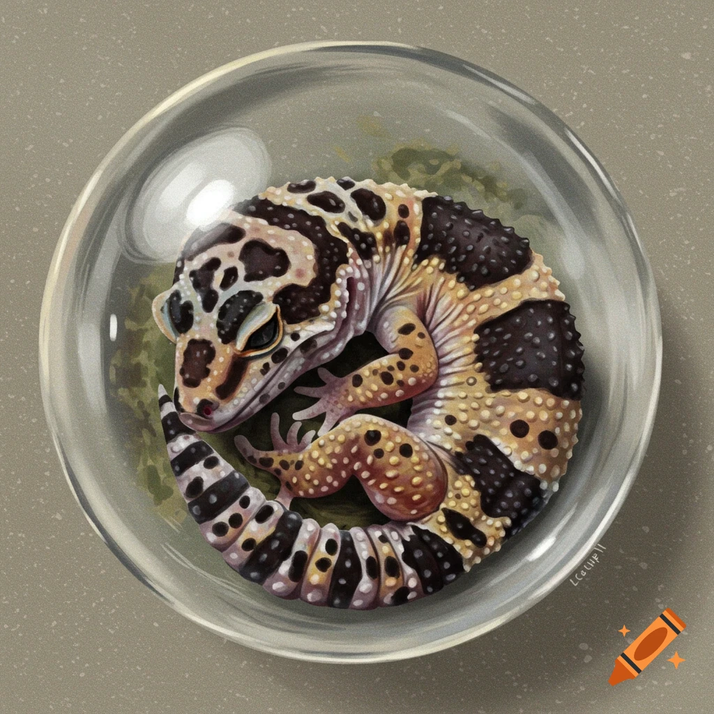 A baby leopard gecko sleeping curled up in a clear glass orb.