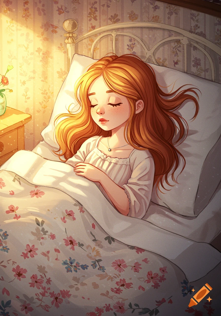 Digital illustration of a young girl with long red hair sleeping peacefully in a bed with floral blankets.