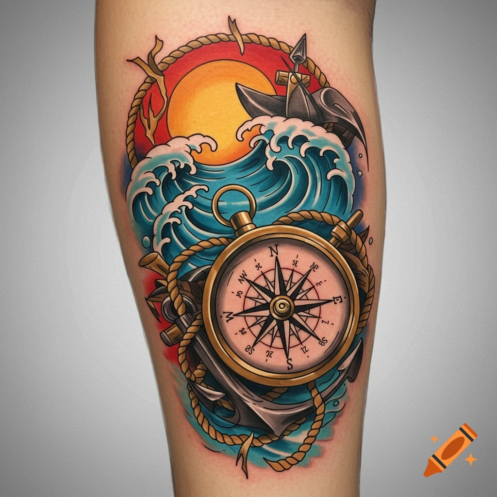 Nautical compass, anchor, waves, and sun tattoo design. on Craiyon, image size:1024x1024