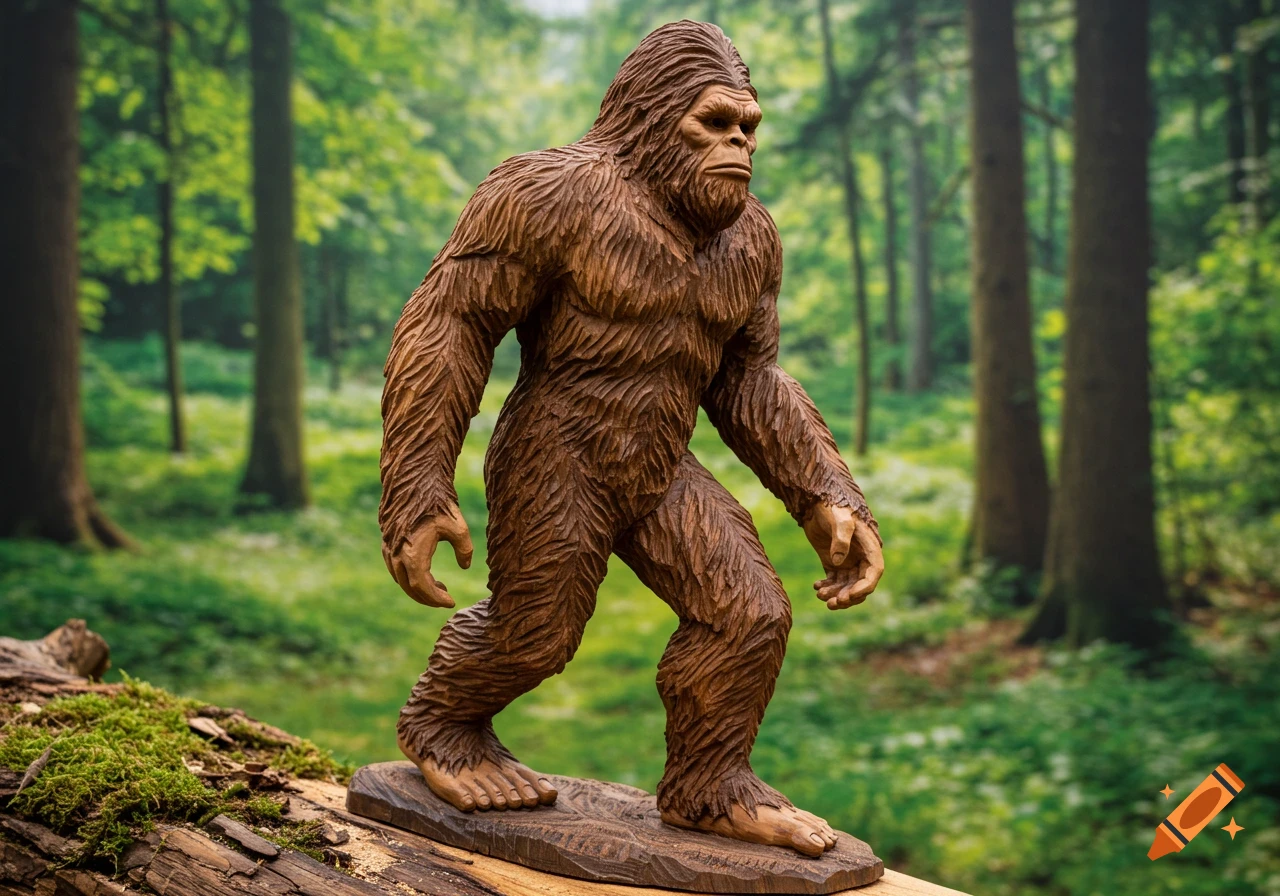 Chainsaw carving of Bigfoot standing on a log in a forest.