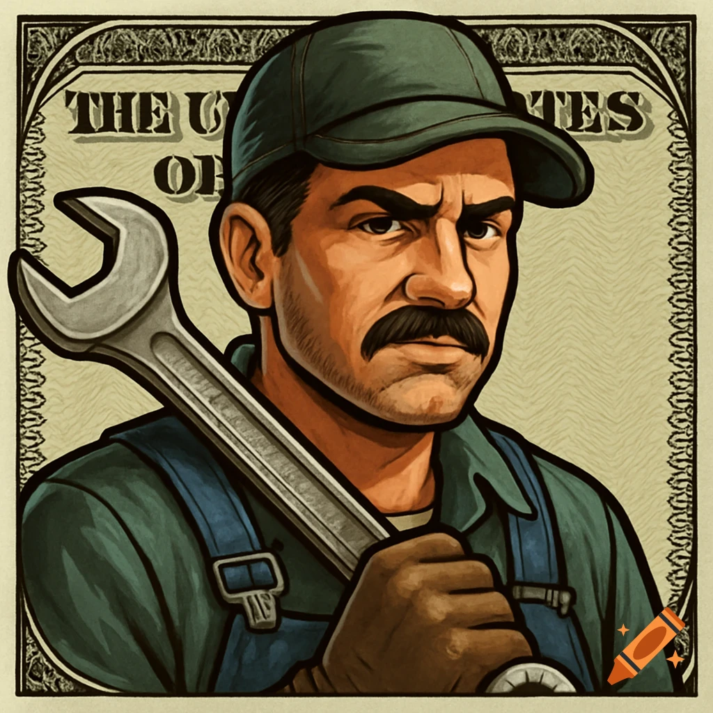 Stylized illustration of a mechanic holding a large wrench against a currency background.
