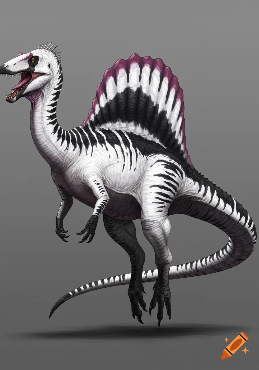 A white and black striped dinosaur with a large purple sail on its back.