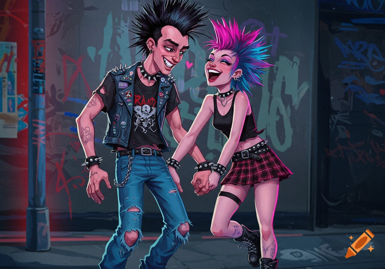 A stylized illustration of a punk couple with brightly colored hair laughing on a street with graffiti.