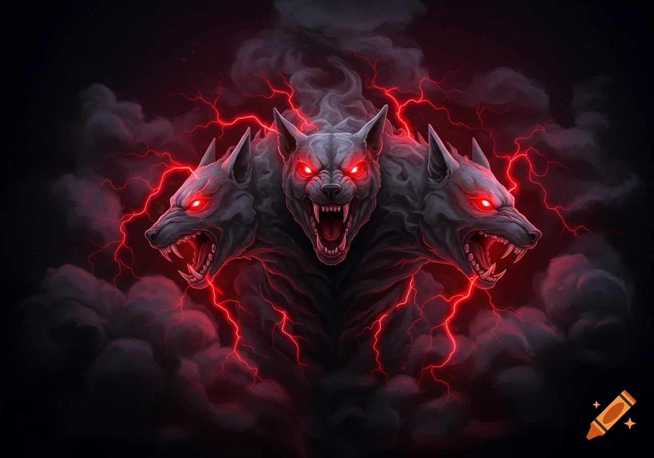 A three-headed dog with glowing red eyes surrounded by red lightning and smoke.