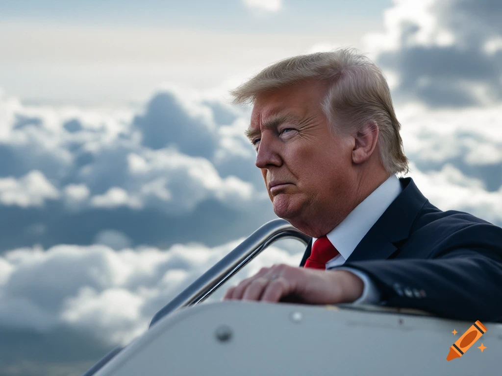 Donald Trump looks out from a plane over clouds.