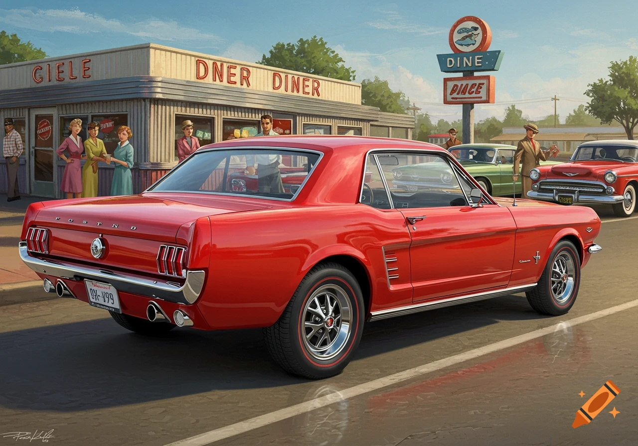 A red Ford Mustang parked near a diner with other classic cars and people, in a retro 1950s style.