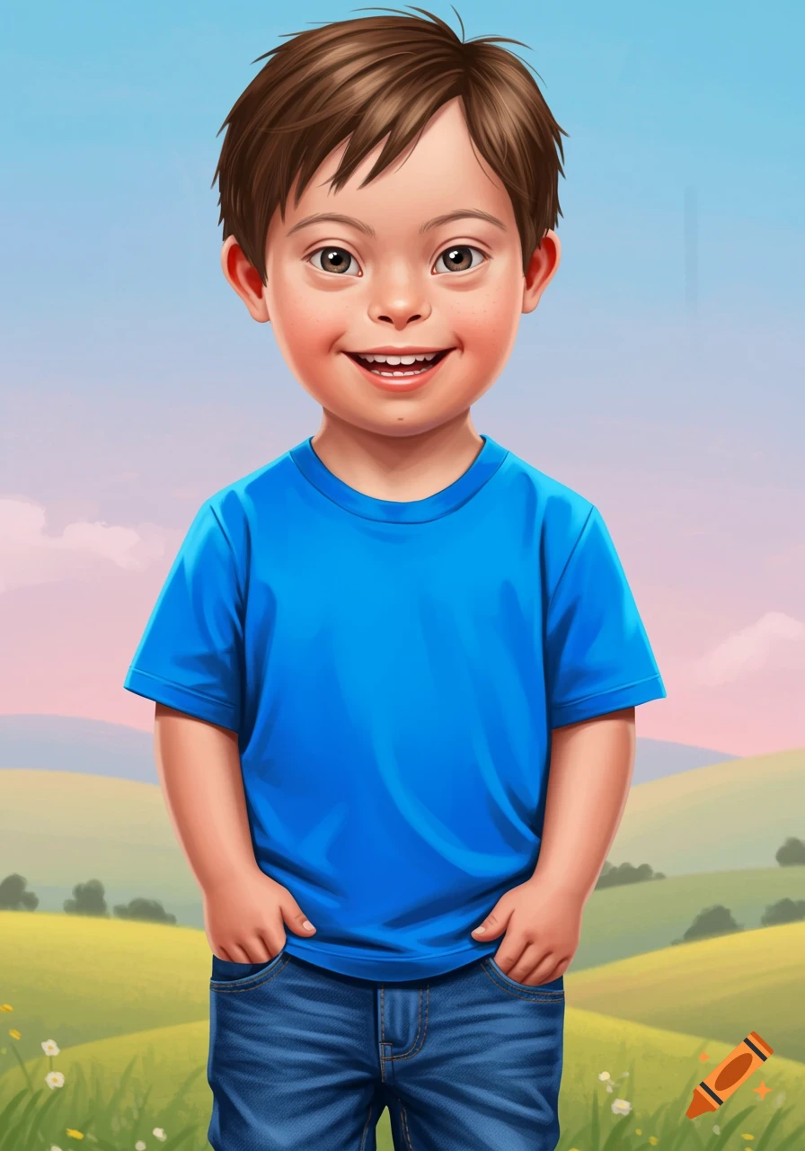 A smiling young boy with Down syndrome wears a blue shirt and jeans in a sunny landscape.