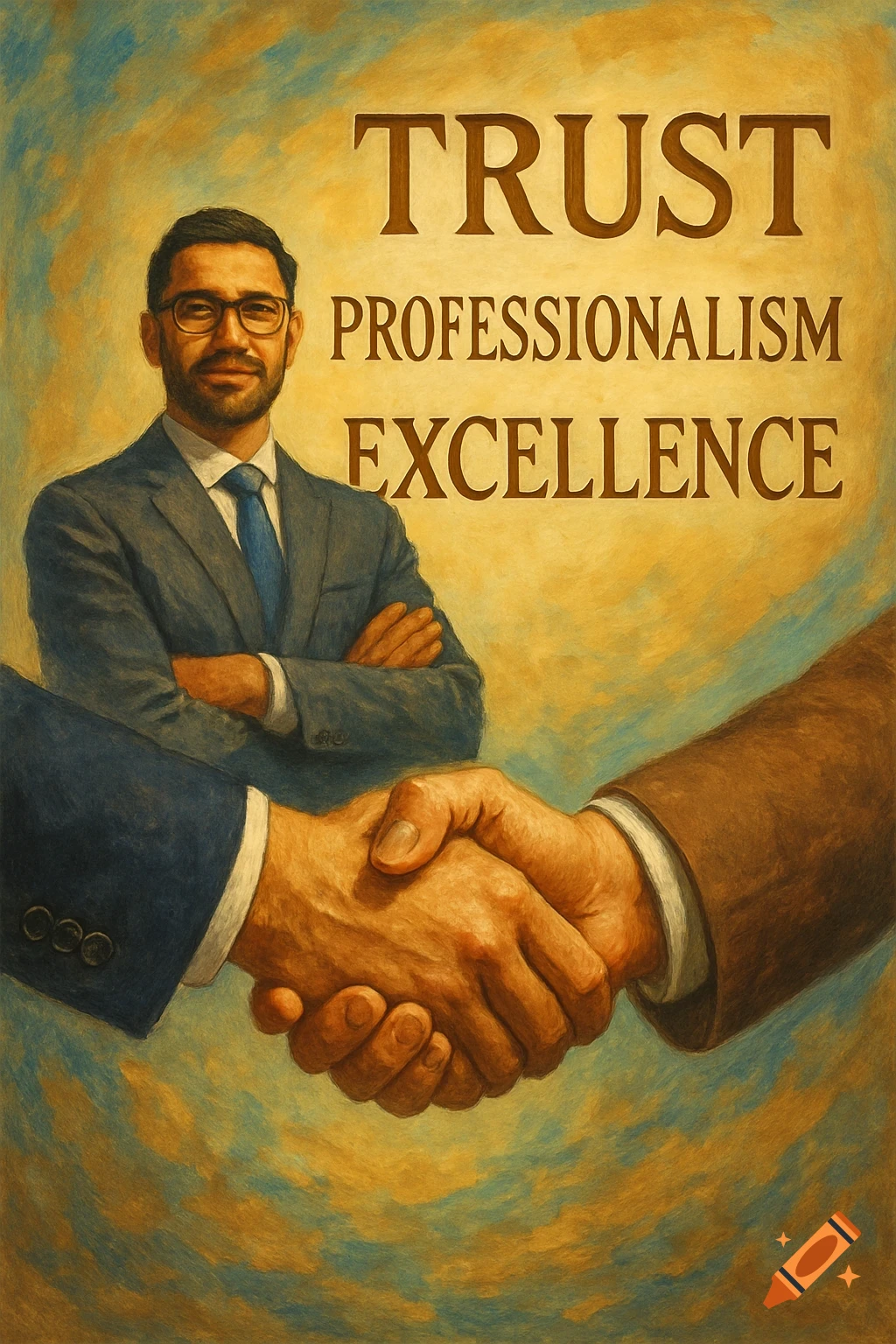 A handshake and a man in a suit with the text TRUST PROFESSIONALISM EXCELLENCE.