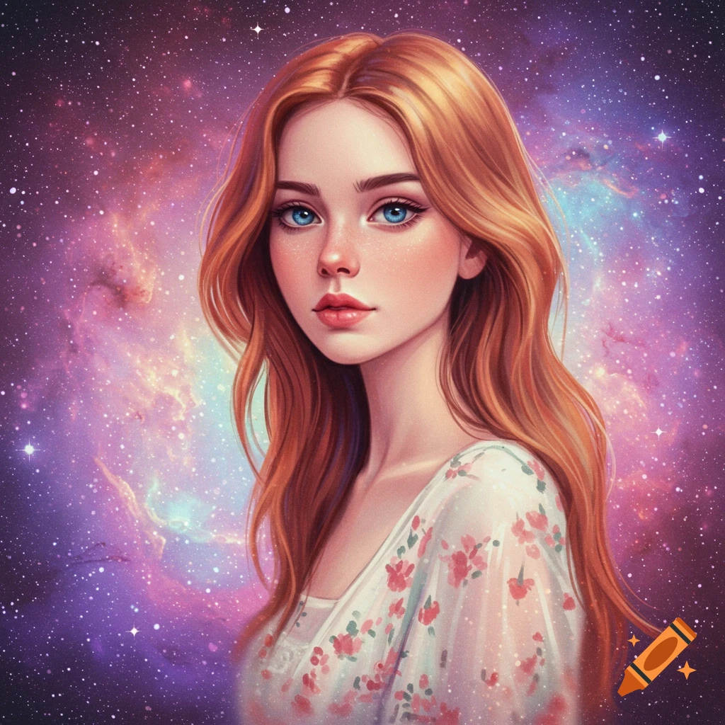 A woman with red hair and blue eyes is depicted against a starry galaxy background.