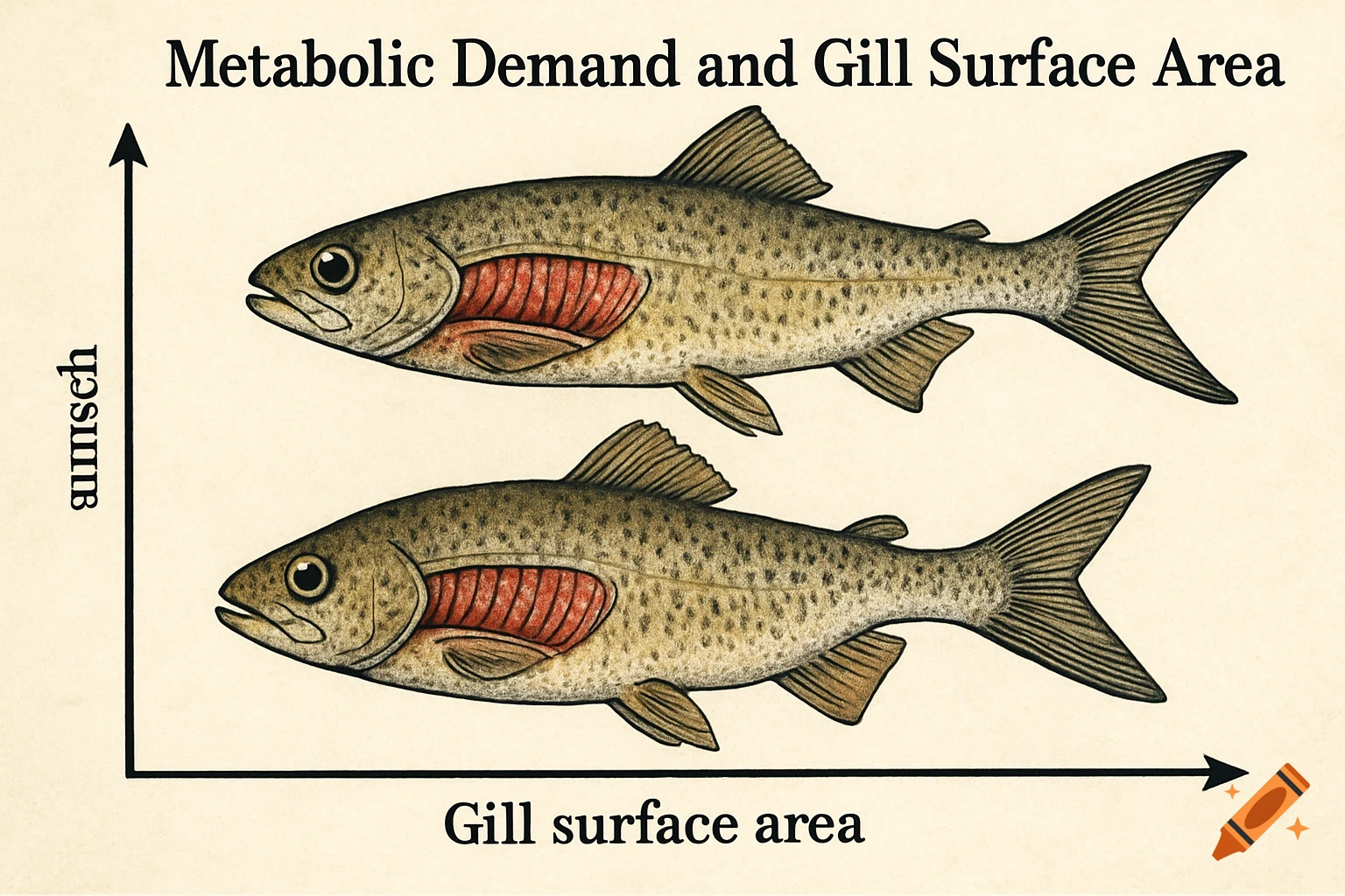 Diagram of fish anatomy with exposed gills and a graph relating metabolic demand to gill surface area.