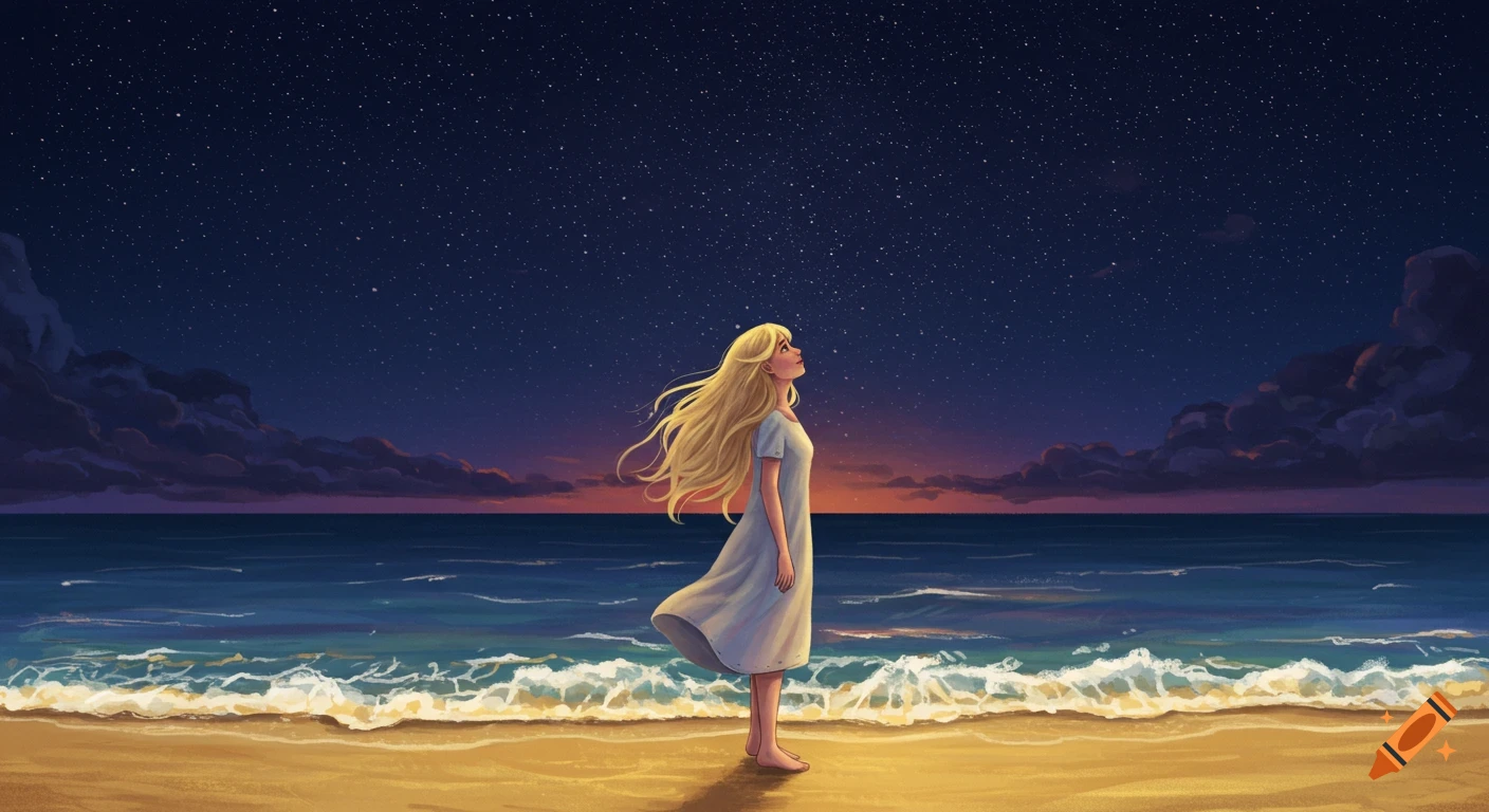 A woman on a beach looking up at a starry night sky.