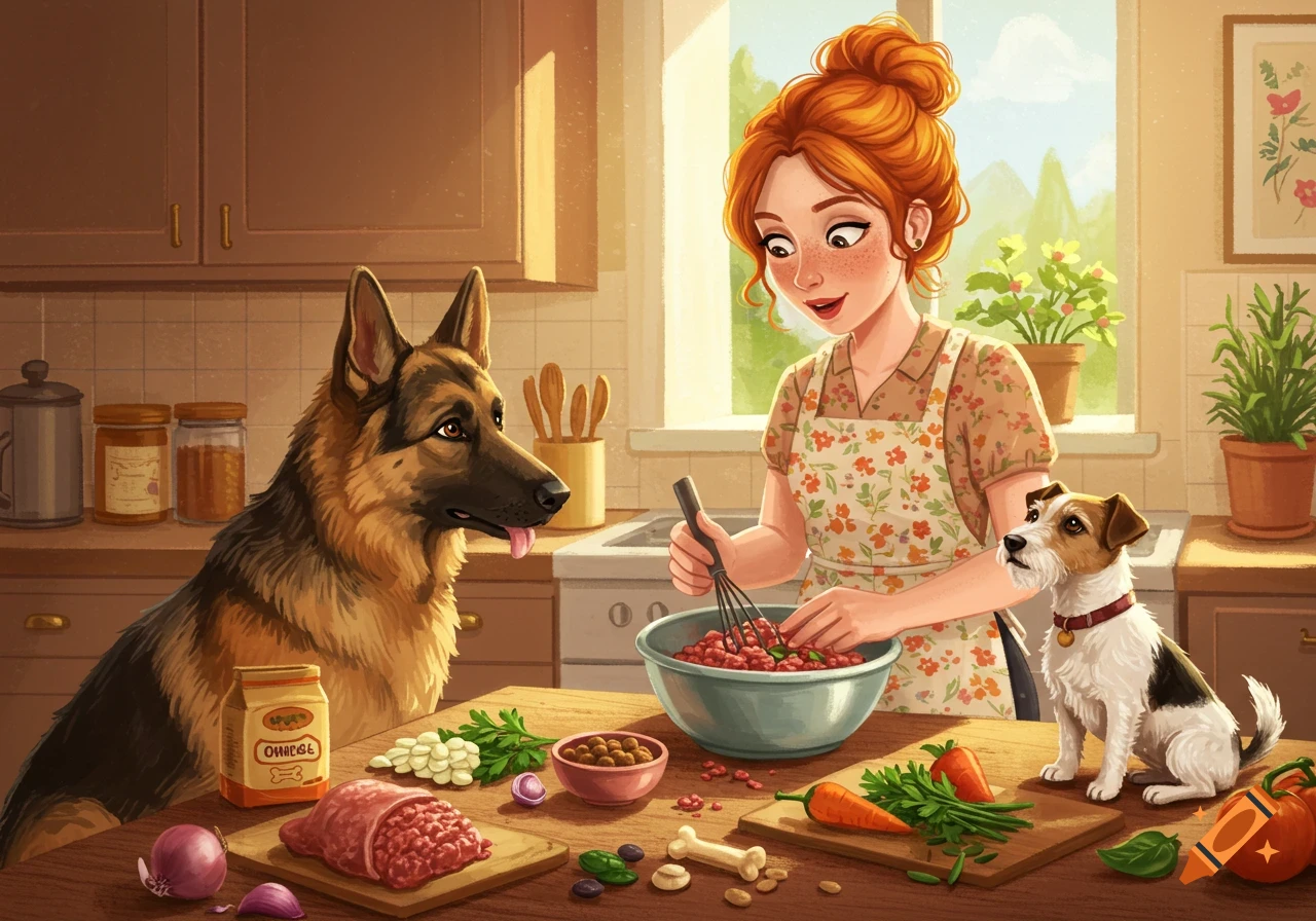 A woman and two dogs are making dog food in a kitchen.