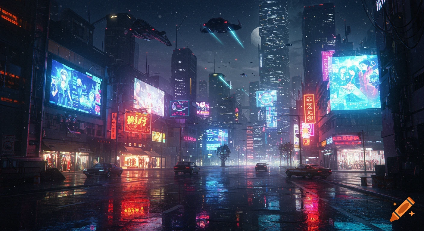 A cyberpunk cityscape at night with neon lights reflecting on wet pavement, futuristic cars, and flying vehicles.