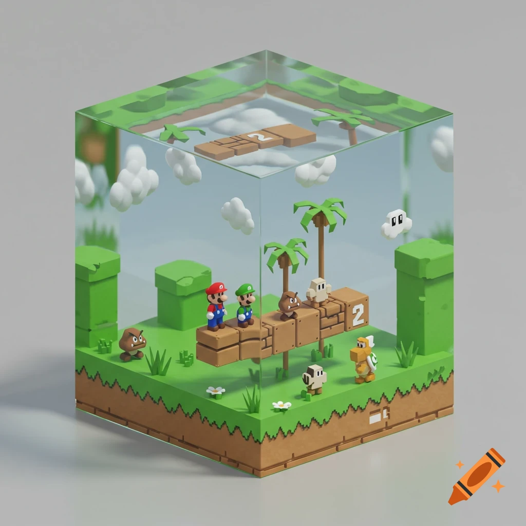 A low-poly diorama of a Super Mario World 2 level inside a glass cube.