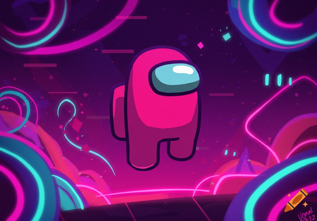 Pink Among Us character in a neon abstract space background