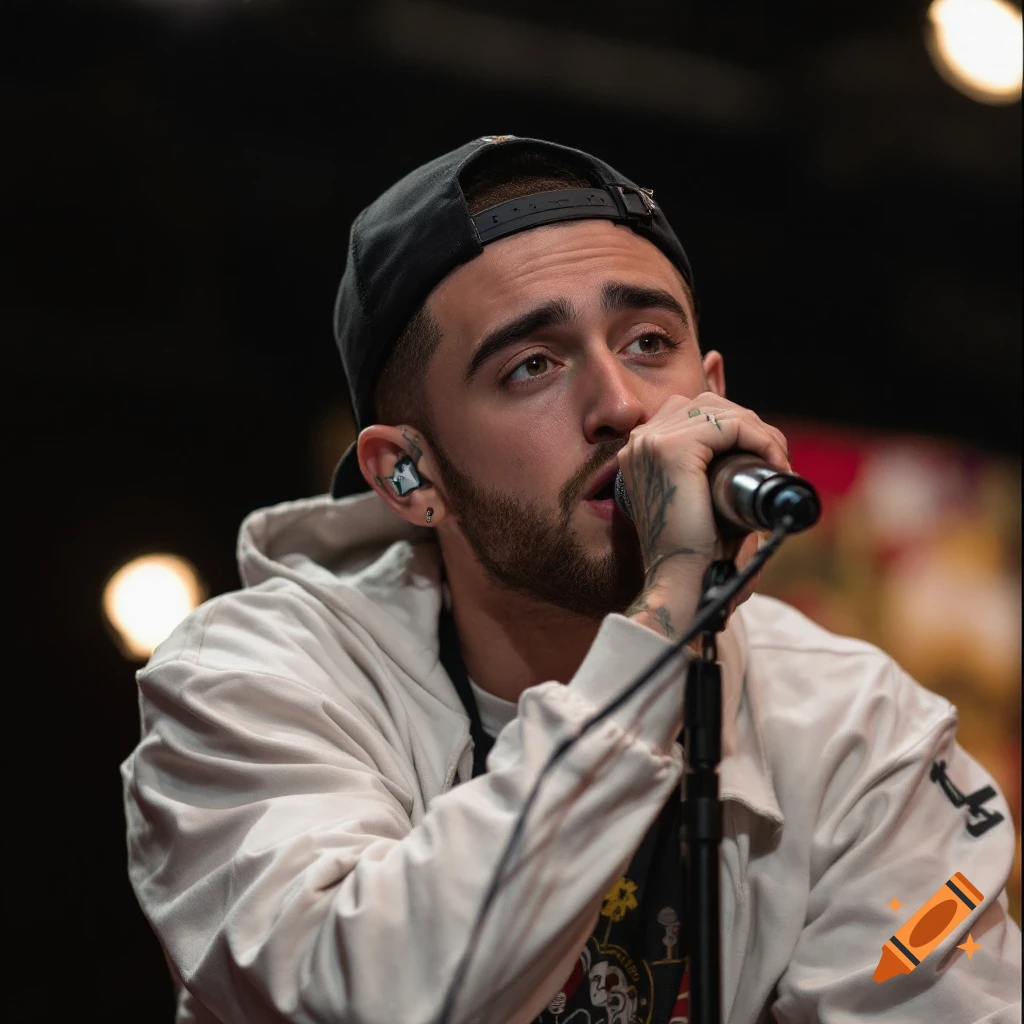 Close-up of a musician wearing a cap and hoodie, holding a microphone.
