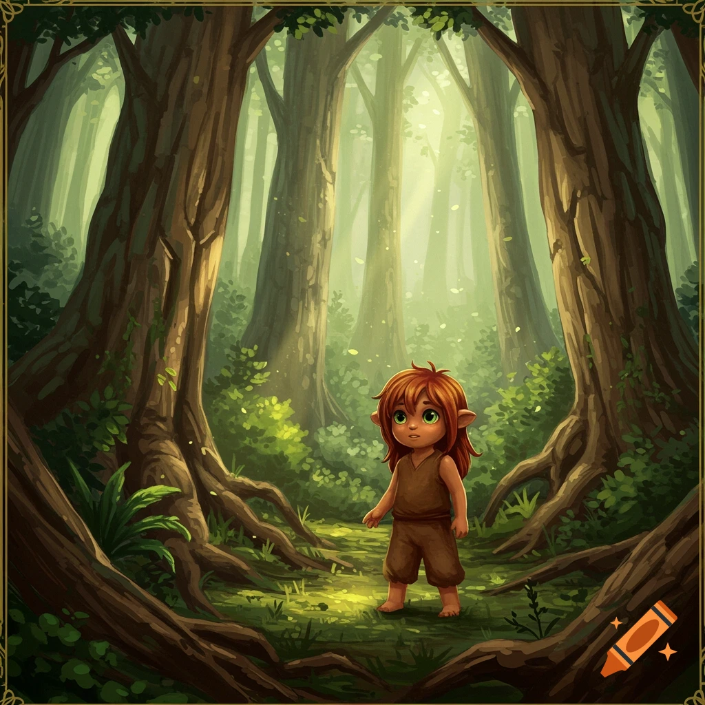 A young fantasy child with red hair stands in a sunlit forest.