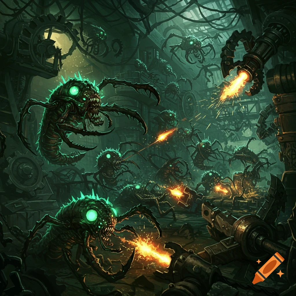 Mutated insect creatures attacking a dark, cluttered factory with mechanical defenses.