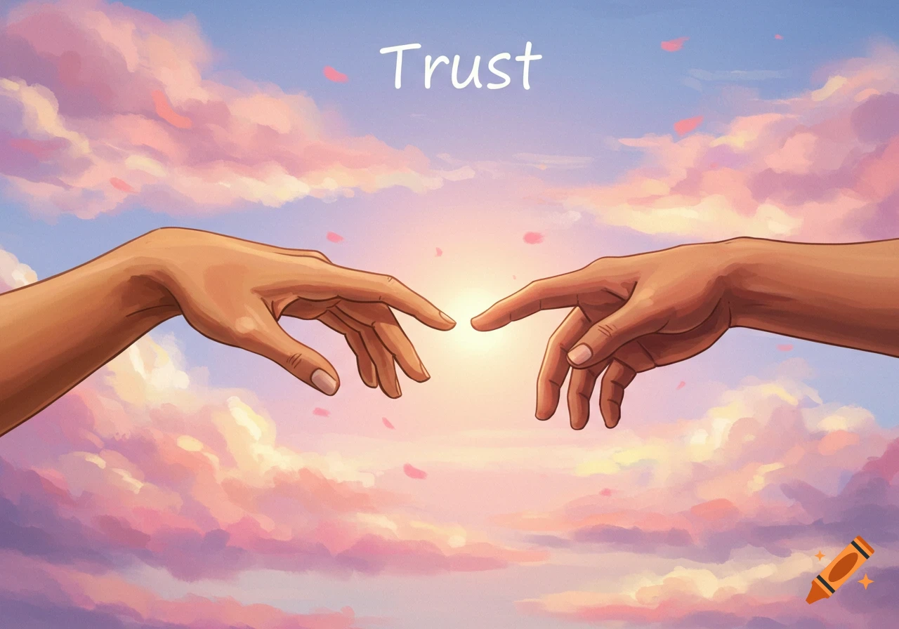 Two hands reaching in a sunset sky with the word Trust