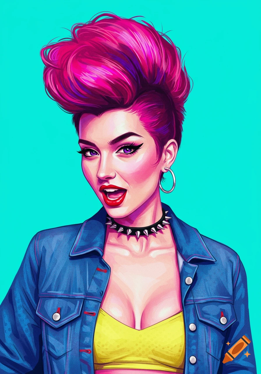A woman with pink punk hair, studded choker, and denim jacket