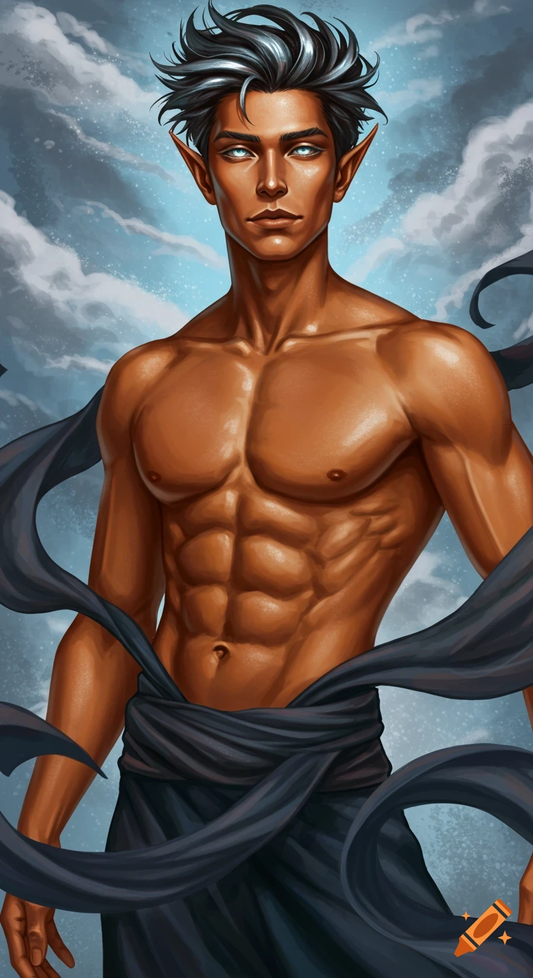 A muscular male fantasy character with pointed ears, silver-streaked hair, and light blue eyes is depicted against a cloudy sky.