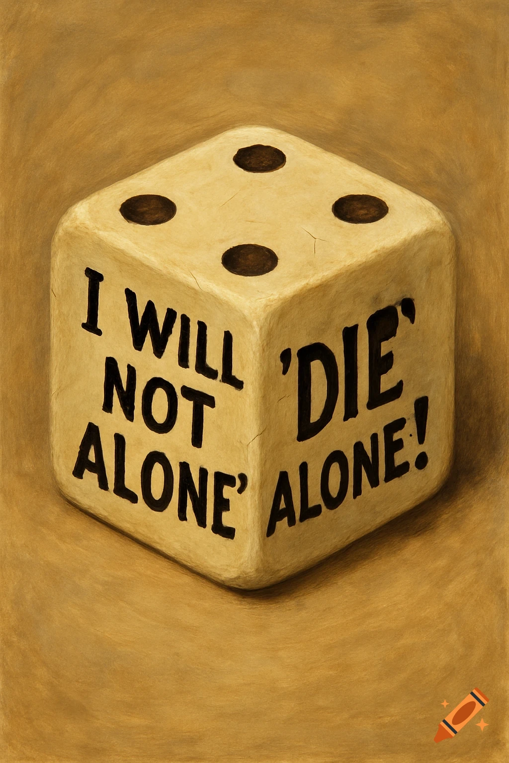 A die with the text 'I WILL NOT ALONE' and ''DIE' ALONE!' on its sides.