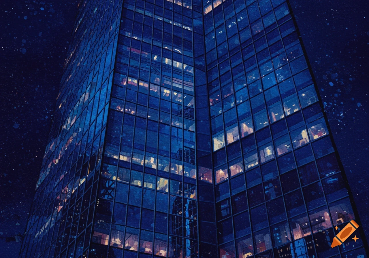 Skyscraper at night with illuminated windows.