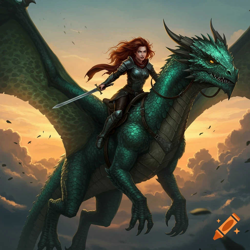 A female warrior rides a large green dragon through the clouds at sunset.