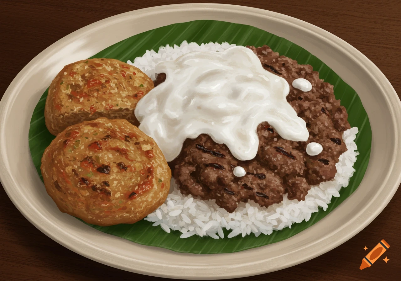 A plate of food with rice, a mound of meat topped with white sauce, and two golden fried patties, on a banana leaf liner.