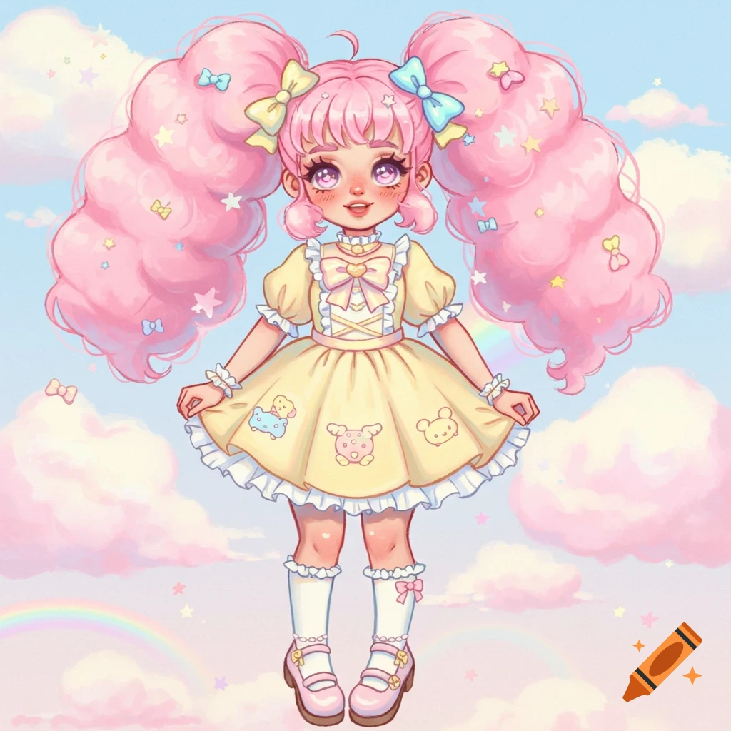 A cute girl with pink pigtails and bows, wearing a yellow dress with bear and car patterns, floating among pastel clouds, stars, and a rainbow.